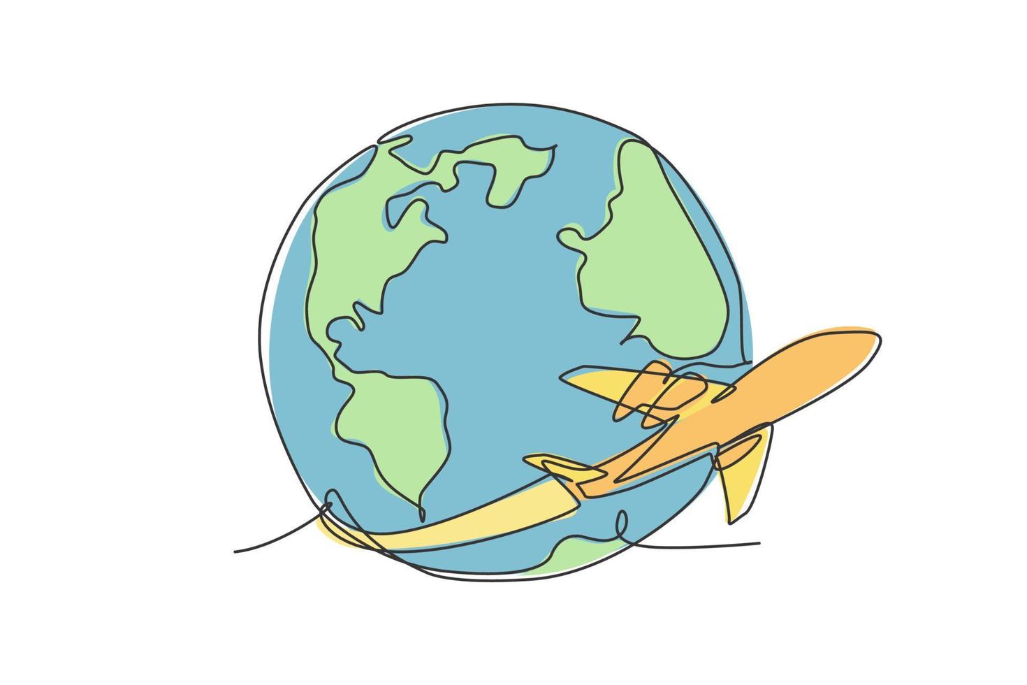 avión volando alrededor de la tierra. icono gráfico del mapa del globo del mundo de una sola línea continua. simple garabato de una línea para el concepto de viaje. diseño minimalista de la ilustración del vector aislado en el fondo blanco