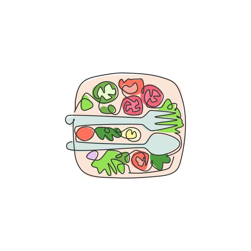 One continuous line drawing of fresh delicious salad restaurant logo emblem, from top view. Healthy organic food cafe shop logotype template concept. Modern single line draw design vector illustration