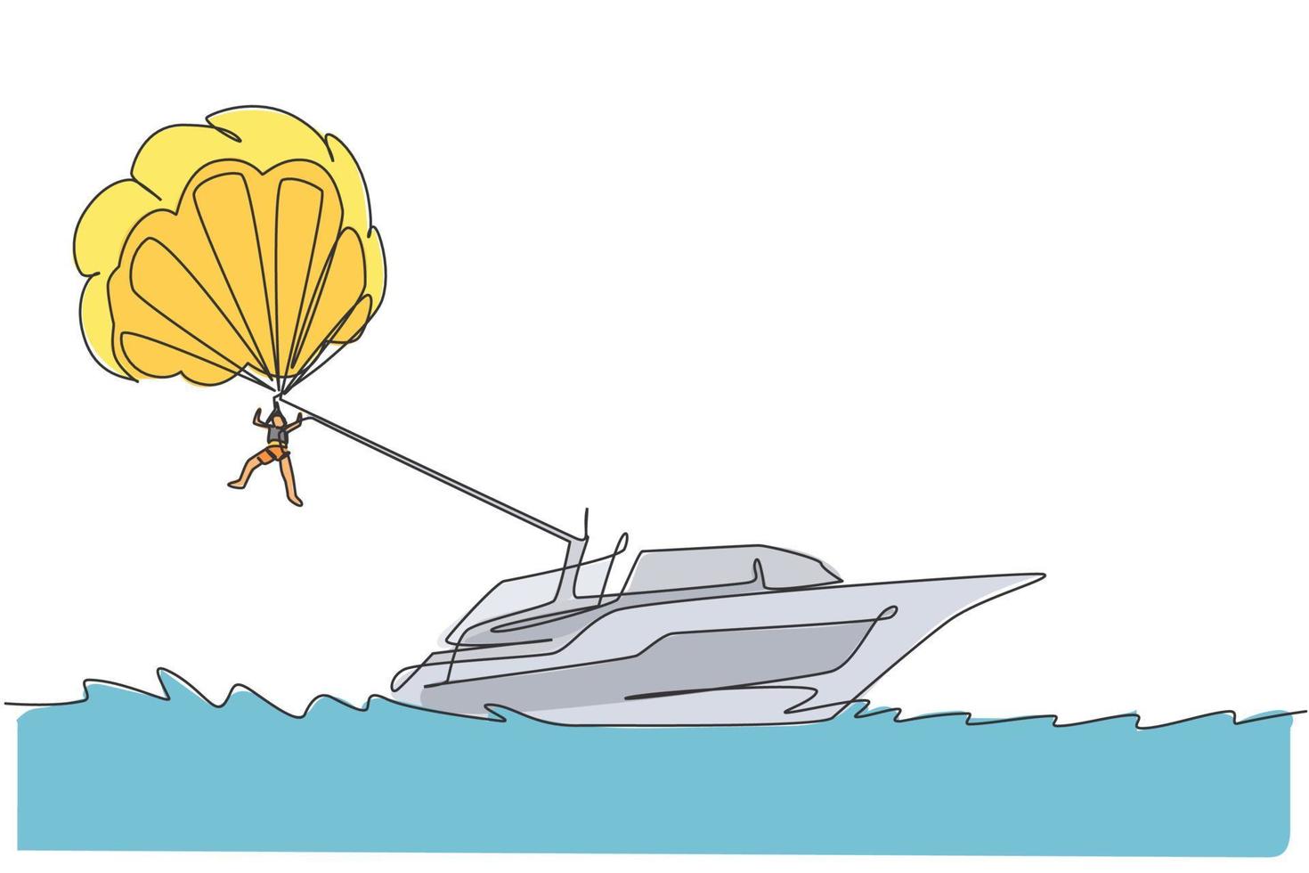 Single continuous line drawing of young tourist flying with parasailing parachute on the sky pulled by a boat. Extreme vacation holiday sport concept. Trendy one line draw design vector illustration