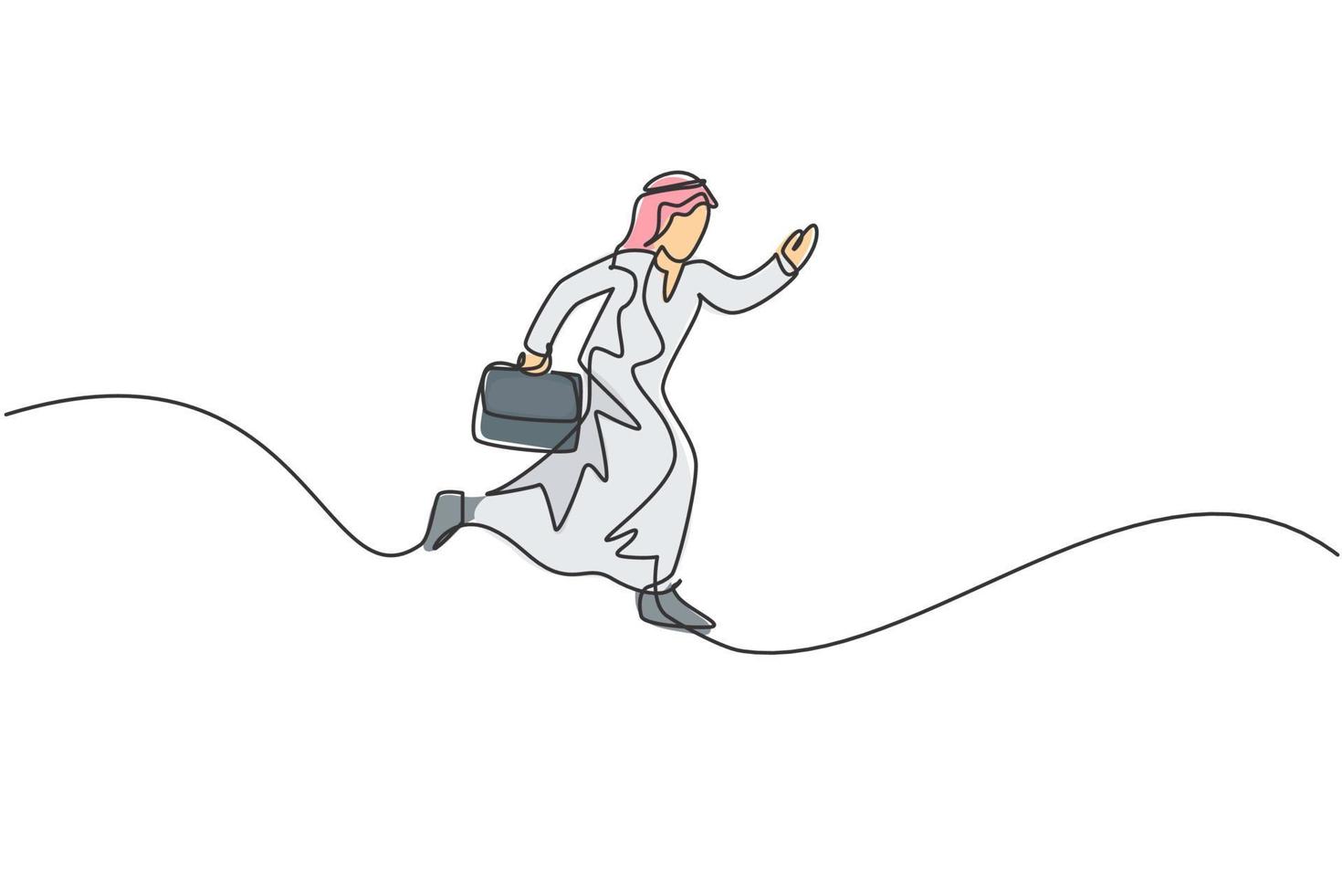 Continuous one line drawing of young happy Arab male worker jumping high to the sky. Success business manager minimalist metaphor concept. Single line draw design vector graphic illustration