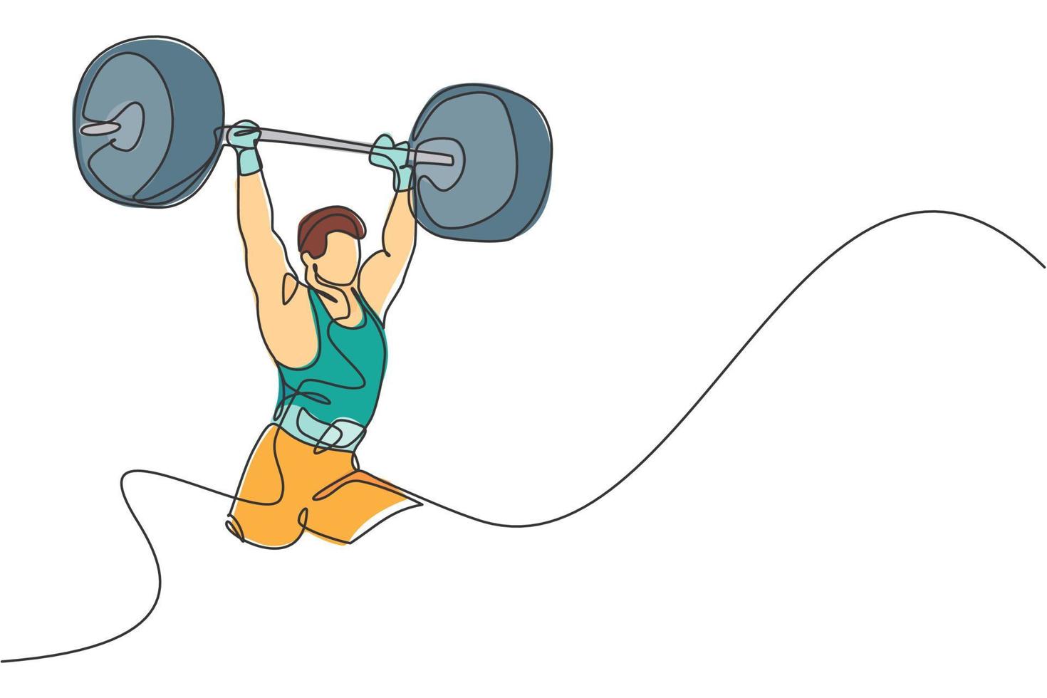 Single continuous line drawing of young strong weightlifter man preparing for barbell workout in gym. Weight lifting training concept. Trendy one line draw design graphic vector illustration