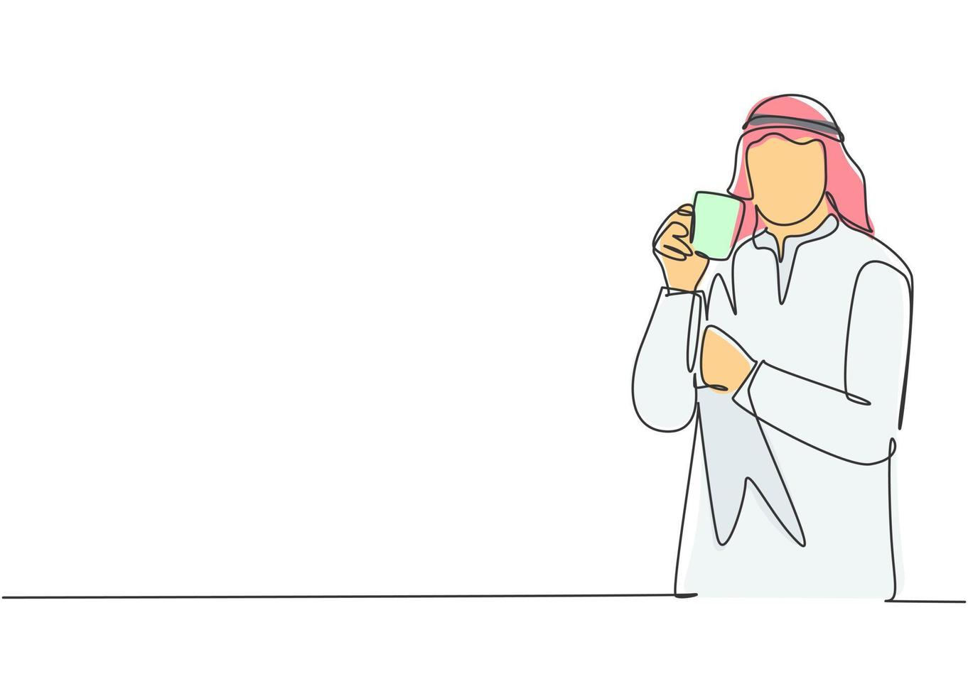 un dibujo de una sola línea de un joven empresario musulmán que piensa en ideas de negocios mientras sostiene una taza de café. ropa islámica shemag, kandura, bufanda. ilustración de diseño de dibujo de línea continua vector