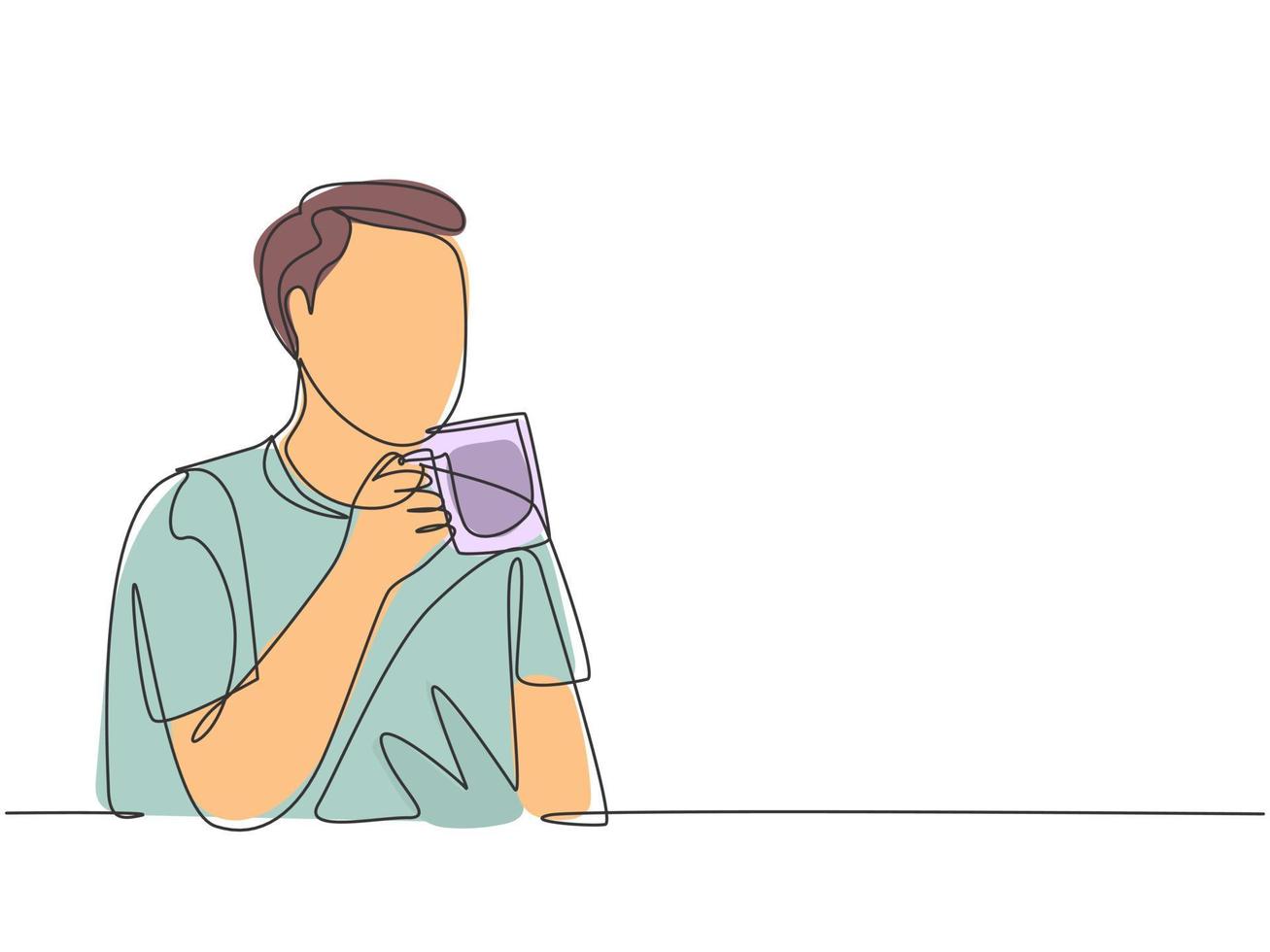 One single line drawing of young happy casual man enjoying a mug of great taste hot chocolate drink at break. Drinking coffee or tea concept continuous line draw symbol design vector illustration