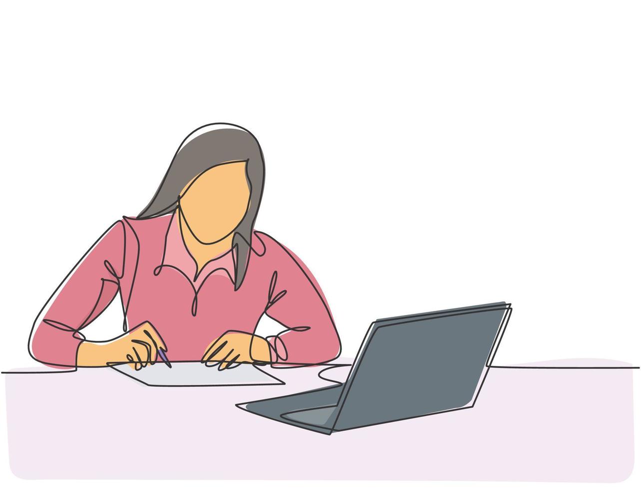 One continuous line drawing of young serious female worker sitting pensively while watching laptop screen at work desk. Business analyze concept. Single line draw graphic design vector illustration