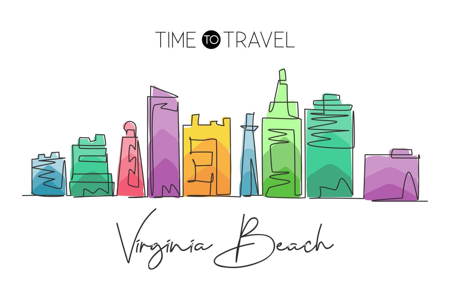 Single continuous line drawing of Virginia Beach city skyline, United States. Famous city for wall decor print. World travel concept. Editable stroke modern one line draw design vector illustration