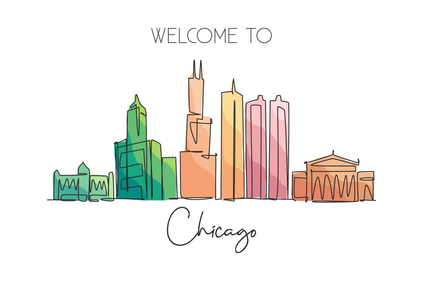 dibujo de una sola línea continua del horizonte de la ciudad de chicago, estados unidos. famoso raspador y paisaje de la ciudad. concepto de viaje mundial hogar pared decoración cartel impresión arte. Ilustración de vector de diseño de dibujo de una línea moderna