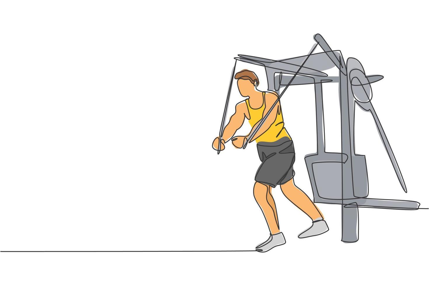 One continuous line drawing of young sporty man working out with crossover cable machine in fitness gym club center. Healthy fitness sport concept. Dynamic single line draw design vector illustration