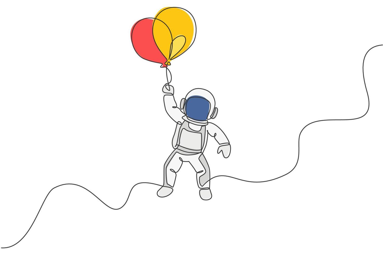 One continuous line drawing of cosmonaut exploring outer space. Astronaut flying with balloons. Fantasy cosmic galaxy discovery concept. Dynamic single line draw graphic design vector illustration