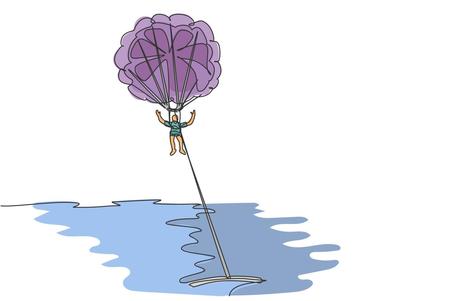 One single line drawing of young sporty man flying with parasailing parachute on the sky pulled by boat graphic vector illustration. Extreme sport concept. Modern continuous line draw design