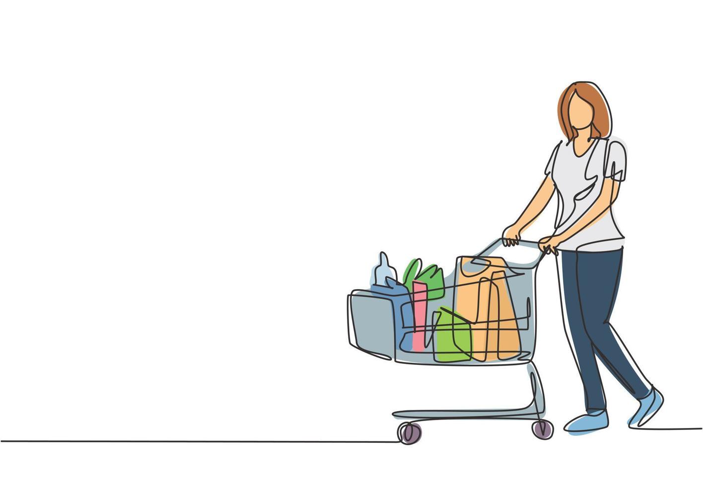 un dibujo de línea continua joven mujer feliz empujando el carrito en el supermercado mientras compra frutas, verduras, panes, leche. compras en concepto de hipermercado. ilustración de diseño de dibujo de una sola línea vector