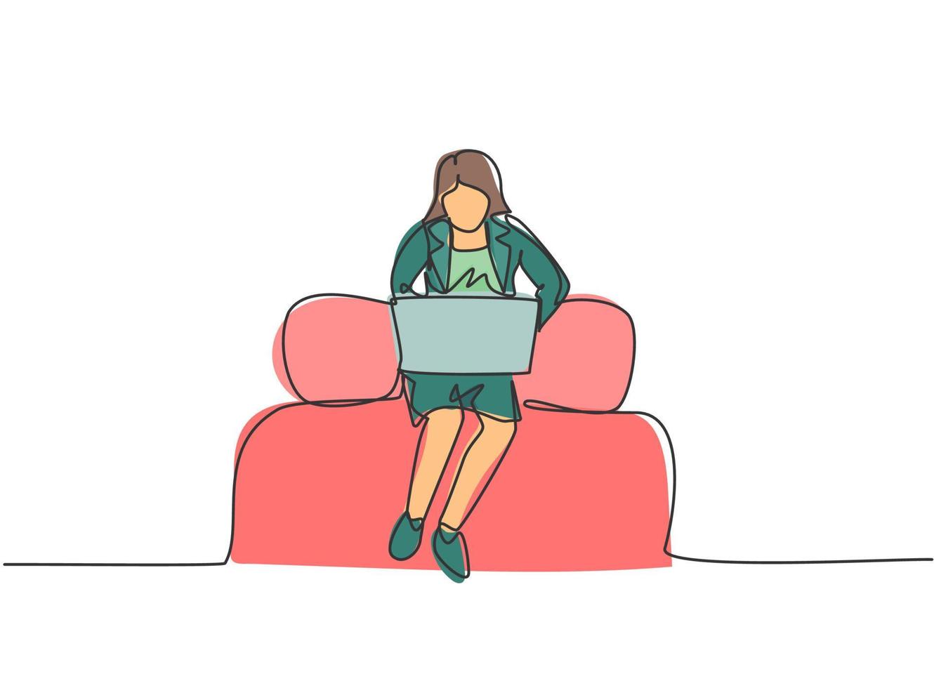 Continuous one line drawing young woman worker sitting on sofa while typing business proposal on laptop. Manager preparing work concept. Single line draw design vector graphic illustration.