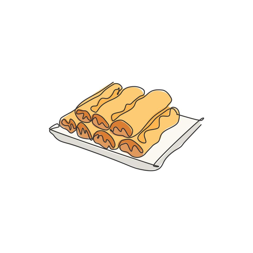 Single continuous line drawing of stylized Chinese spring roll logo label.  Asian snack restaurant menu concept. Modern one line draw design vector illustration for cafe, shop or food delivery service