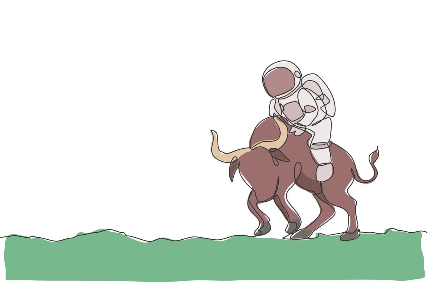 un dibujo de línea continua de un astronauta paseando montando un toro enojado, un animal salvaje en la superficie de la luna. concepto de viaje de safari en el espacio profundo. Ilustración de vector de diseño gráfico de dibujo de línea única dinámica