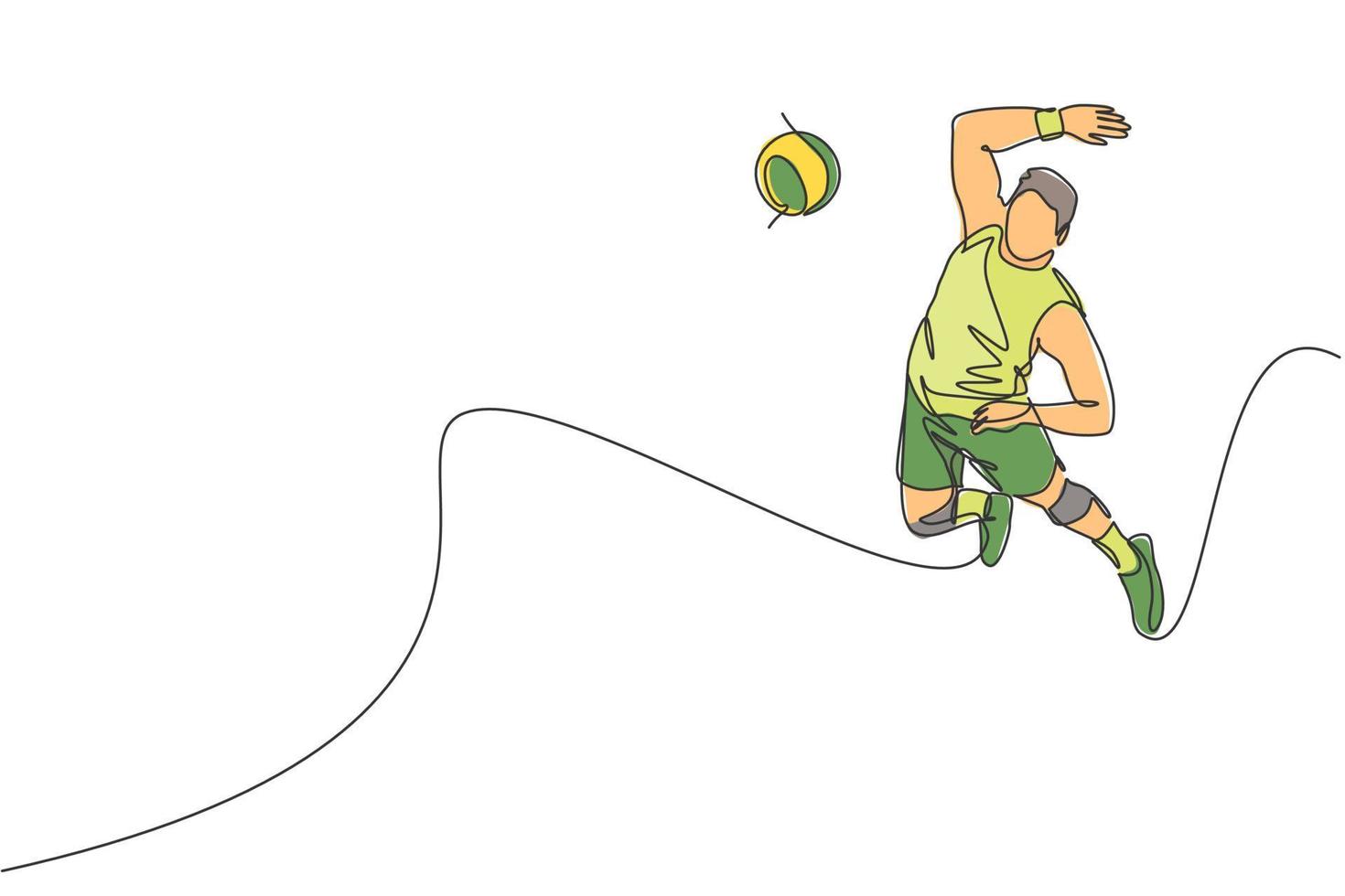 uno continuo línea dibujo de joven masculino profesional vóleibol jugador en acción saltando aplastar en corte. sano competitivo equipo deporte concepto. dinámica soltero línea dibujar diseño vector ilustración