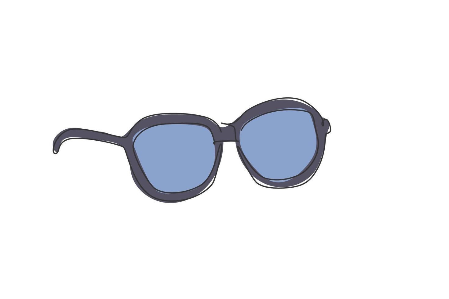 un dibujo de línea continua de gafas de sol modernas para el icono del logotipo de la tienda óptica. concepto de plantilla de símbolo de logotipo de gafas de estilo de moda. Ilustración de vector de diseño de dibujo de línea única de moda