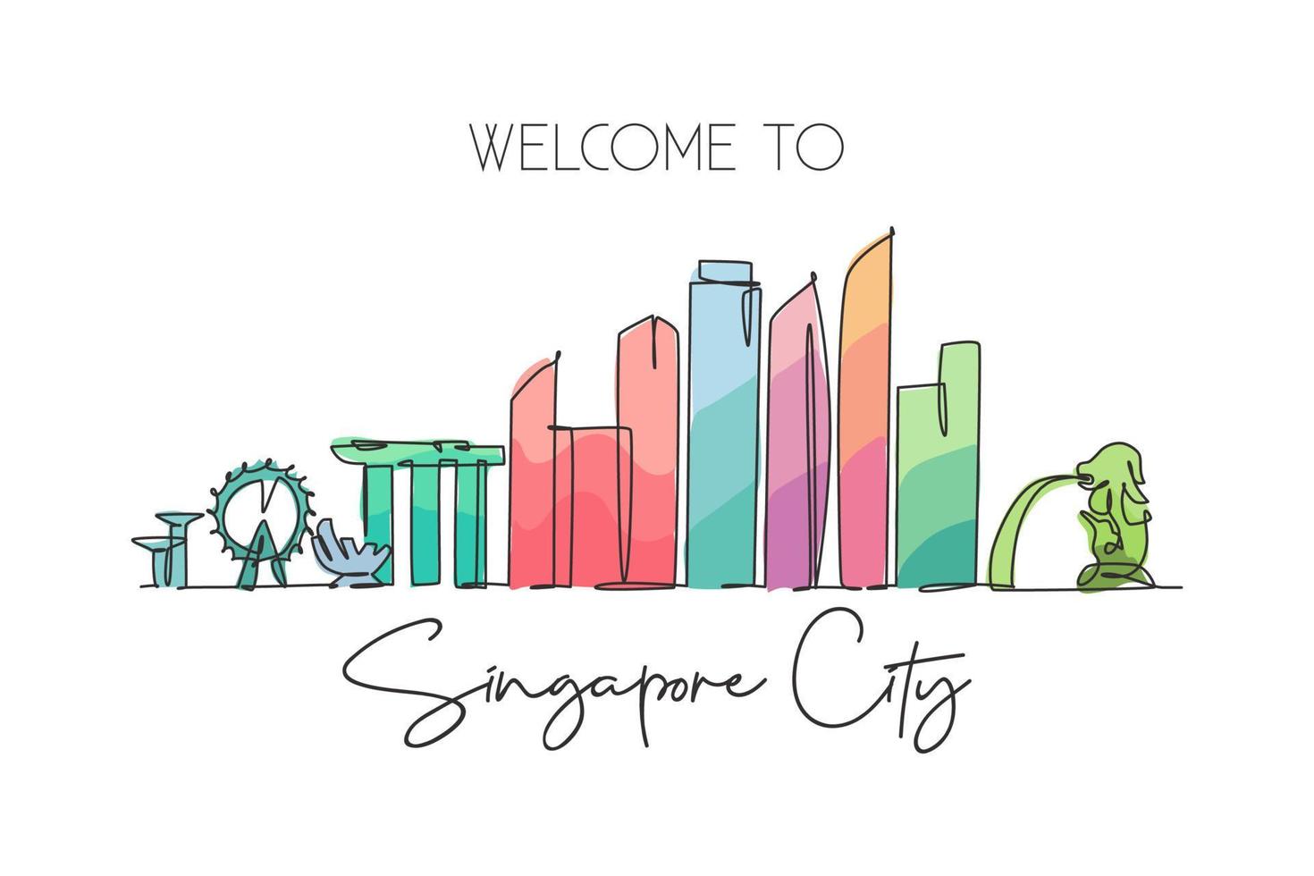 Single continuous line drawing of Singapore city skyline. Famous city scraper and landscape. World travel concept home decor wall print poster art. Modern one line draw design vector illustration