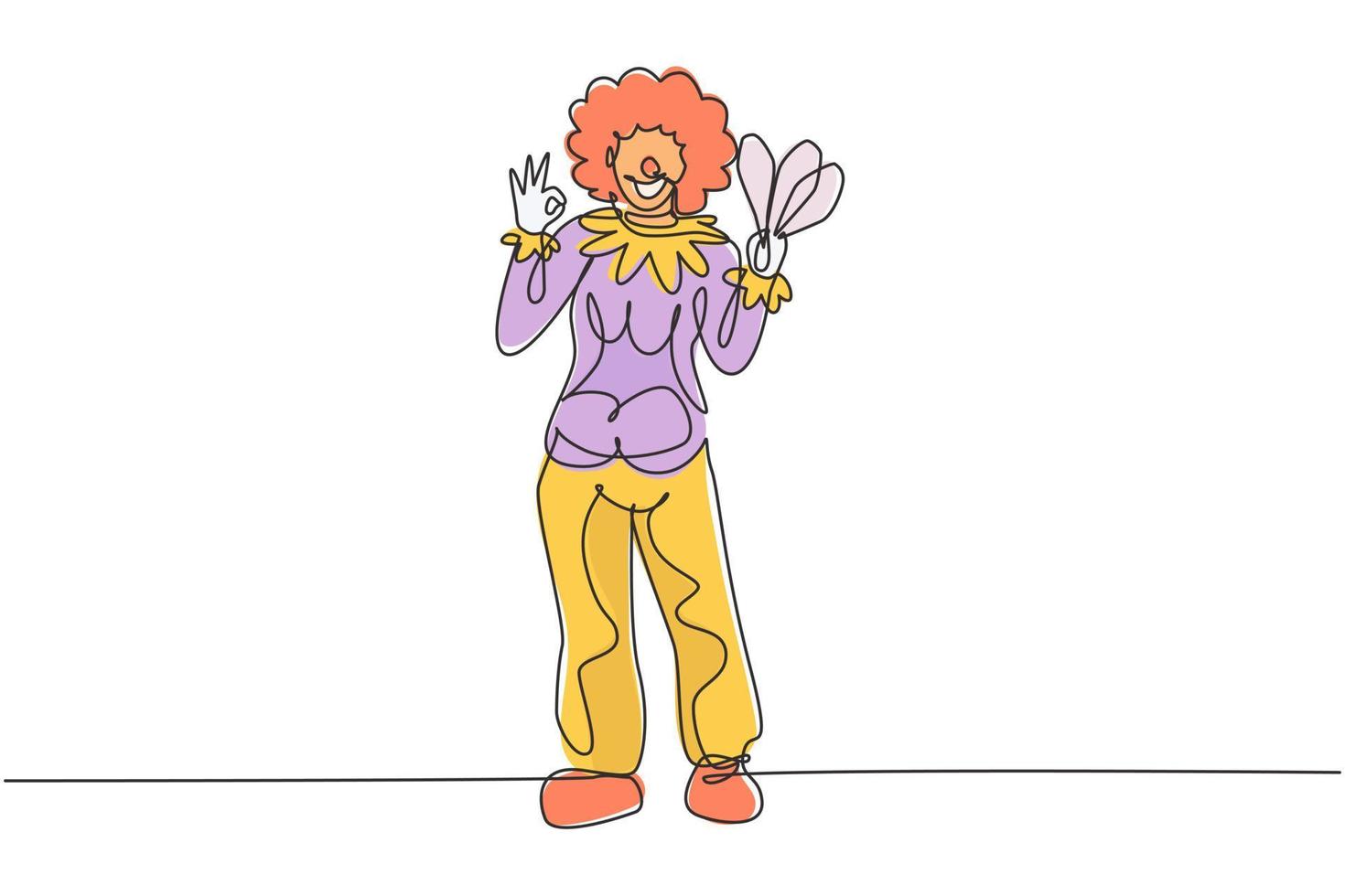 Continuous one line drawing female clown stands with gesture okay wearing wig and clown costume ready to entertain the audience in the circus arena. Single line draw design vector graphic illustration