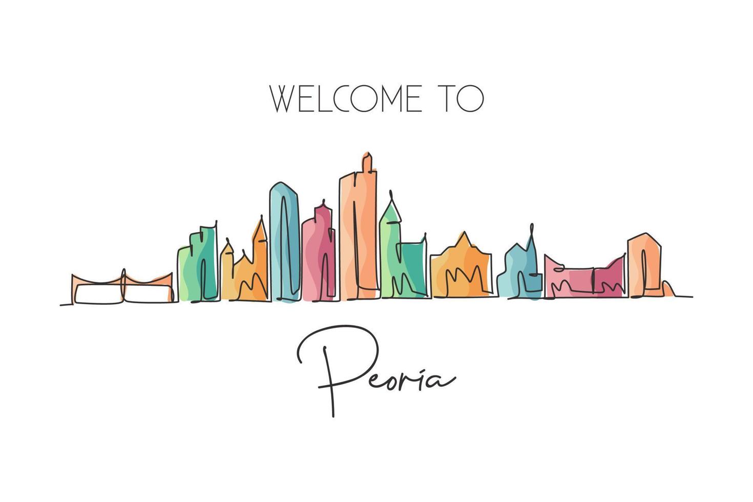 One single line drawing Peoria city skyline, Illinois. World historical town landscape poster. Best holiday destination postcard. Editable stroke trendy continuous line draw design vector illustration