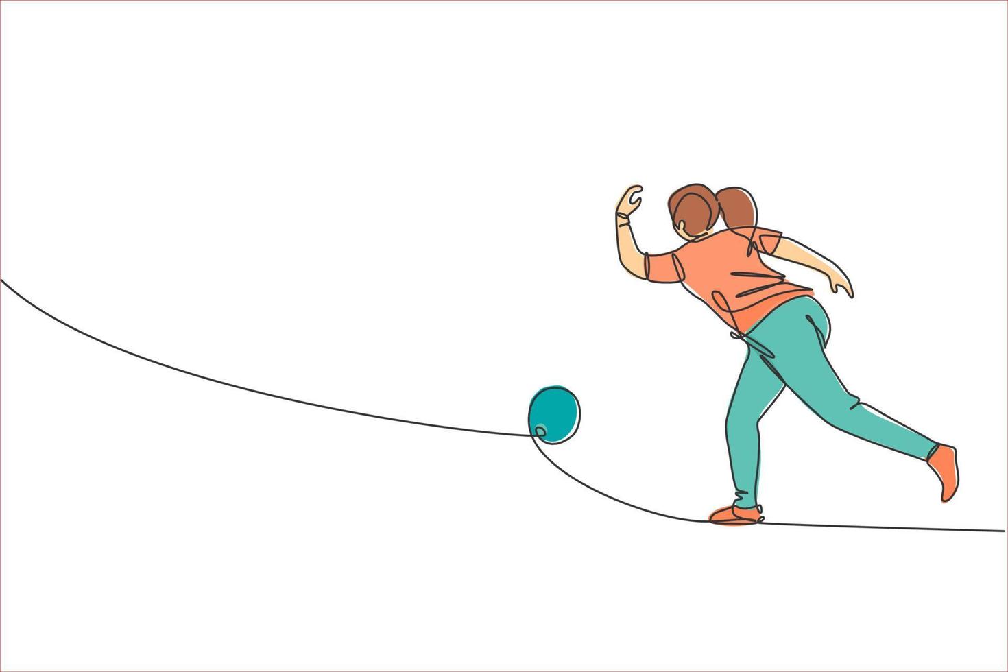One single line drawing young talented bowling player woman throw ball to hit bowling pins vector graphic illustration. Healthy people lifestyle and sport concept. Modern continuous line draw design