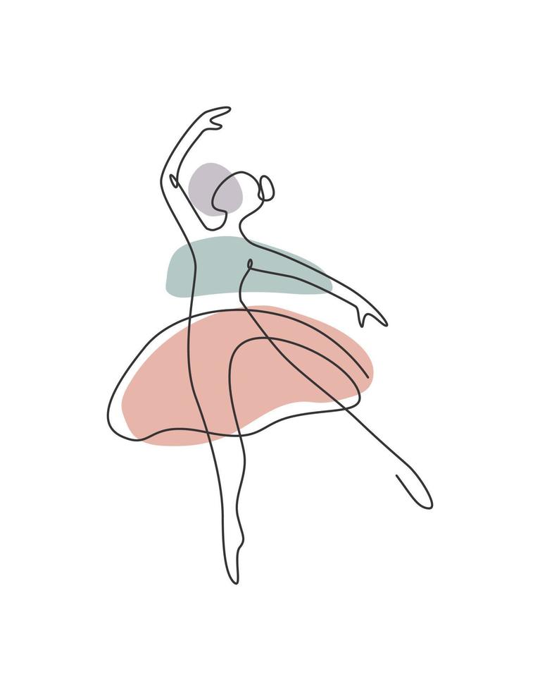 un dibujo de línea continua mujer bailarina de ballet de belleza en movimiento de elegancia. bailarina minimalista chica sexy realiza concepto de danza. impresión de decoración de pared. Ilustración de vector gráfico de diseño de dibujo de una sola línea