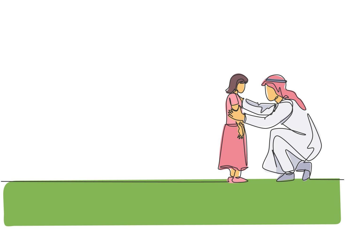 Single continuous line drawing of young Arabian father giving talk to his daughter, giving good advise. Islamic muslim happy family parenthood concept. One line graphic draw design vector illustration