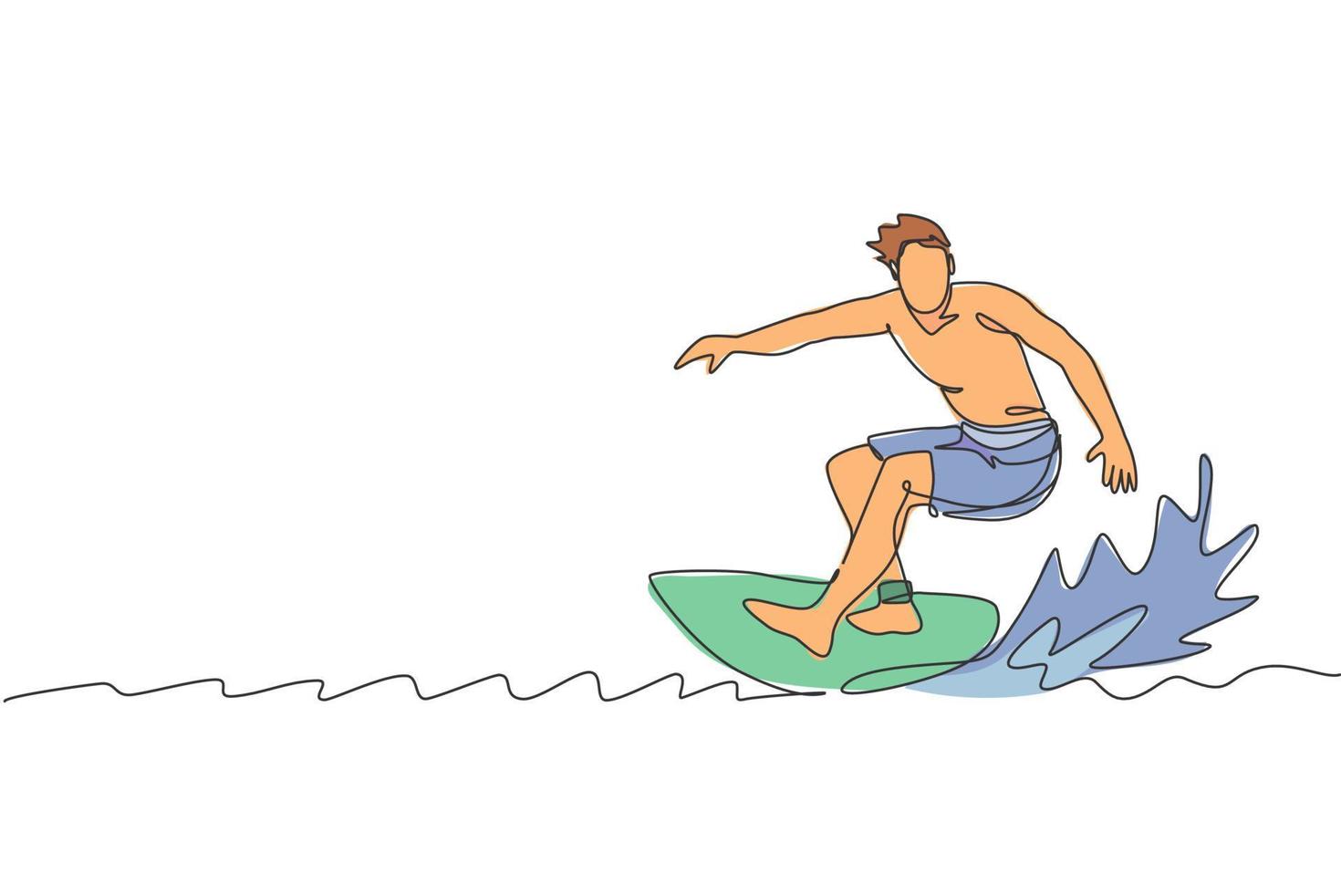 Single continuous line drawing young professional surfer in action riding the waves on blue ocean. Extreme watersport concept. Summer vacation. Trendy one line draw design graphic vector illustration