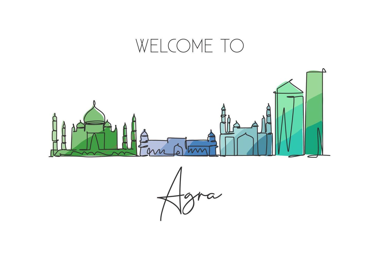 Single continuous line drawing of Agra city skyline, India. Famous city scraper and landscape home wall decor poster print art. World travel concept. Modern one line draw design vector illustration