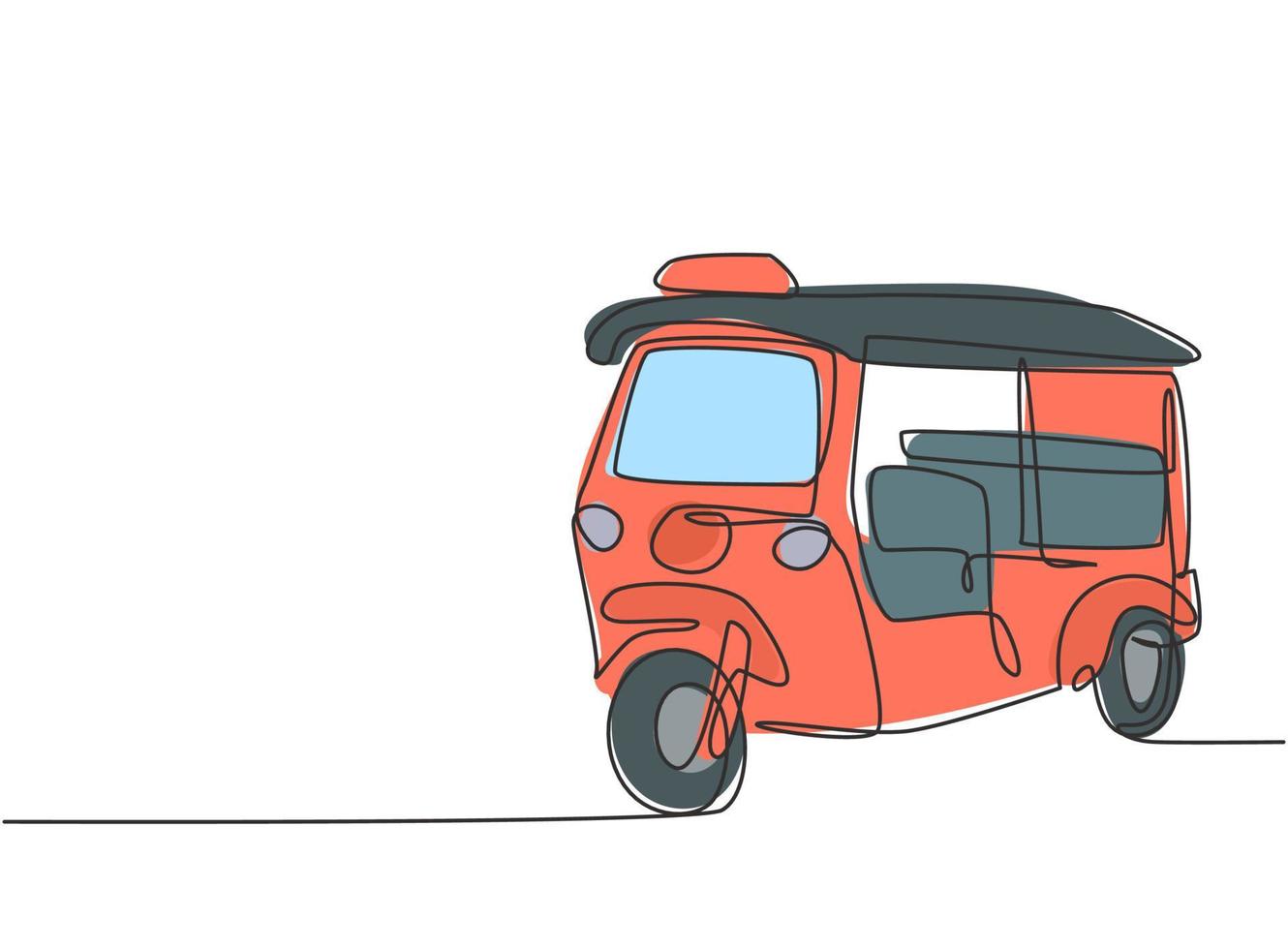 Los turistas suelen utilizar el tuk tuk de tailandia de dibujo de una sola línea continua como medio de transporte para desplazarse por las atracciones turísticas de tailandia. Ilustración de vector de diseño gráfico de dibujo de una línea.