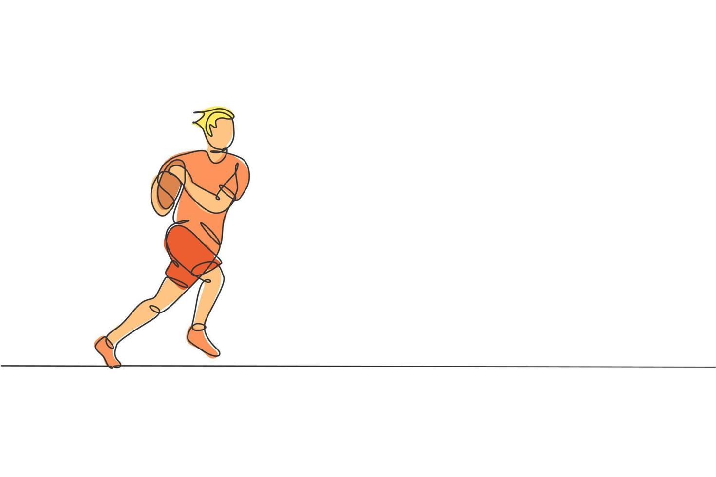 un dibujo de una sola línea de un joven y enérgico jugador de rugby corriendo y sosteniendo la ilustración gráfica vectorial de la pelota. concepto de deporte saludable. diseño moderno de dibujo de línea continua para la pancarta del torneo de rugby vector