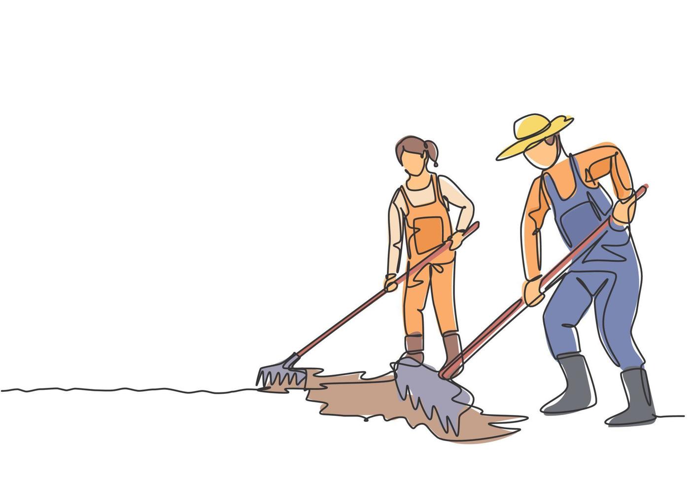 Single one line drawing of couple farmer leveling the ground using a rake. Start a new planting season. Farming challenge minimal concept. Continuous line draw design graphic vector illustration.