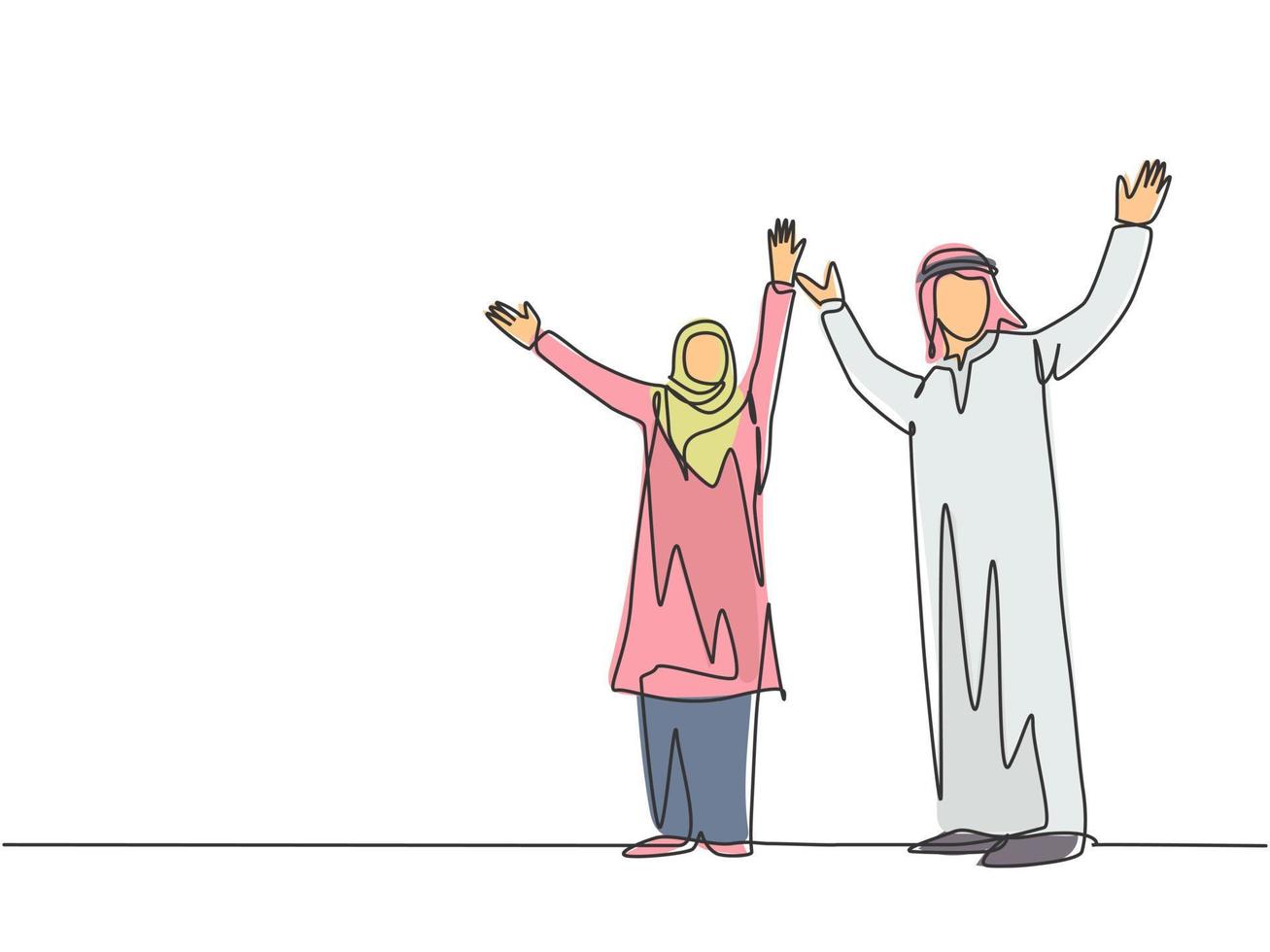 un solo dibujo de línea de jóvenes hombres y mujeres de negocios musulmanes felices celebran un éxito. hijab de tela de arabia saudita, kandora, pañuelo en la cabeza, ghutra. Ilustración de vector de diseño de dibujo de línea continua