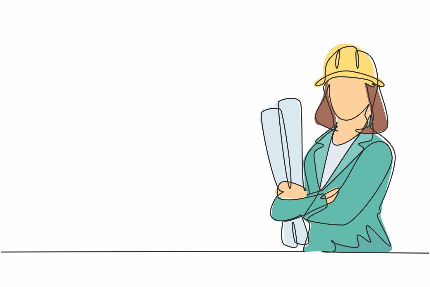Single continuous line drawing of young female architect holding blueprint paper pose cross arms. Professional work job occupation. Minimalism concept one line draw graphic design vector illustration