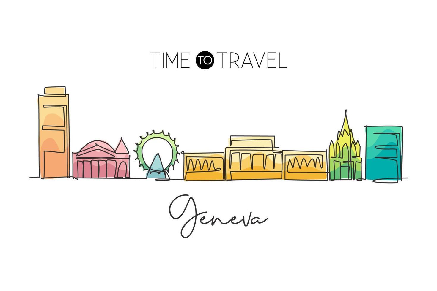 One single line drawing of Geneva city skyline, Switzerland. Historical landscape in world. Best holiday destination wall decor poster. Editable trendy continuous line draw design vector illustration