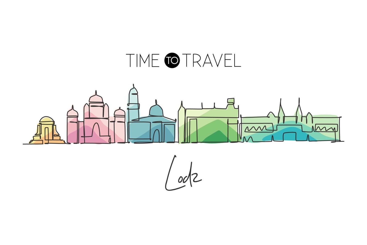 One continuous line drawing of Lodz city skyline, Poland. Beautiful skyscraper. World landscape tourism travel home wall decor poster print concept. Stylish single line draw design vector illustration