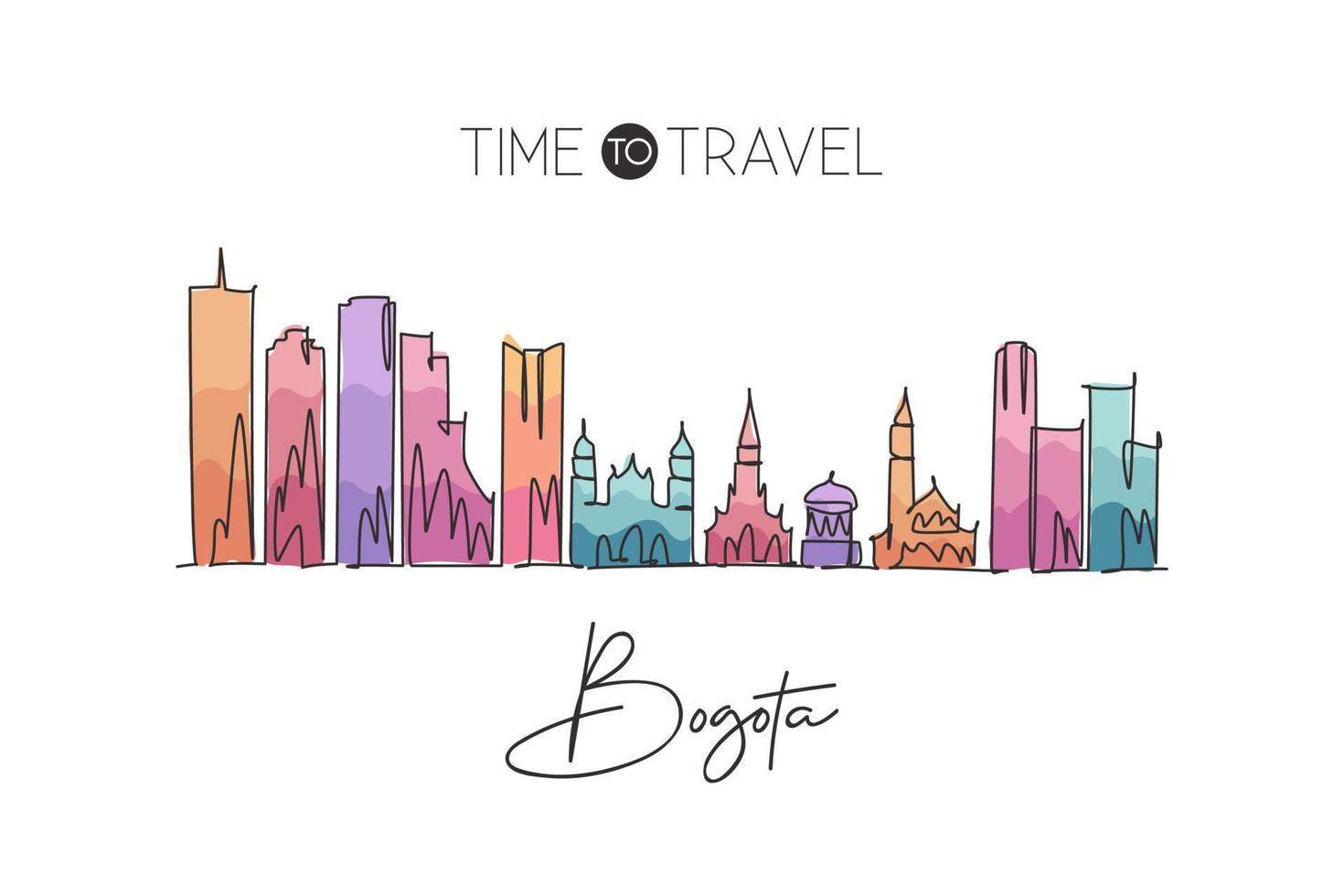 Single continuous line drawing Bogota city skyline, Colombia. Famous city scraper landscape postcard. World travel destination concept. Editable stroke modern one line draw design vector illustration