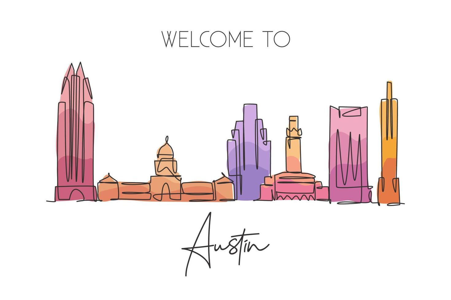 One single line drawing of Austin city skyline, United States. Historical town landscape in the world. Best holiday destination. Editable stroke trendy continuous line draw design vector illustration