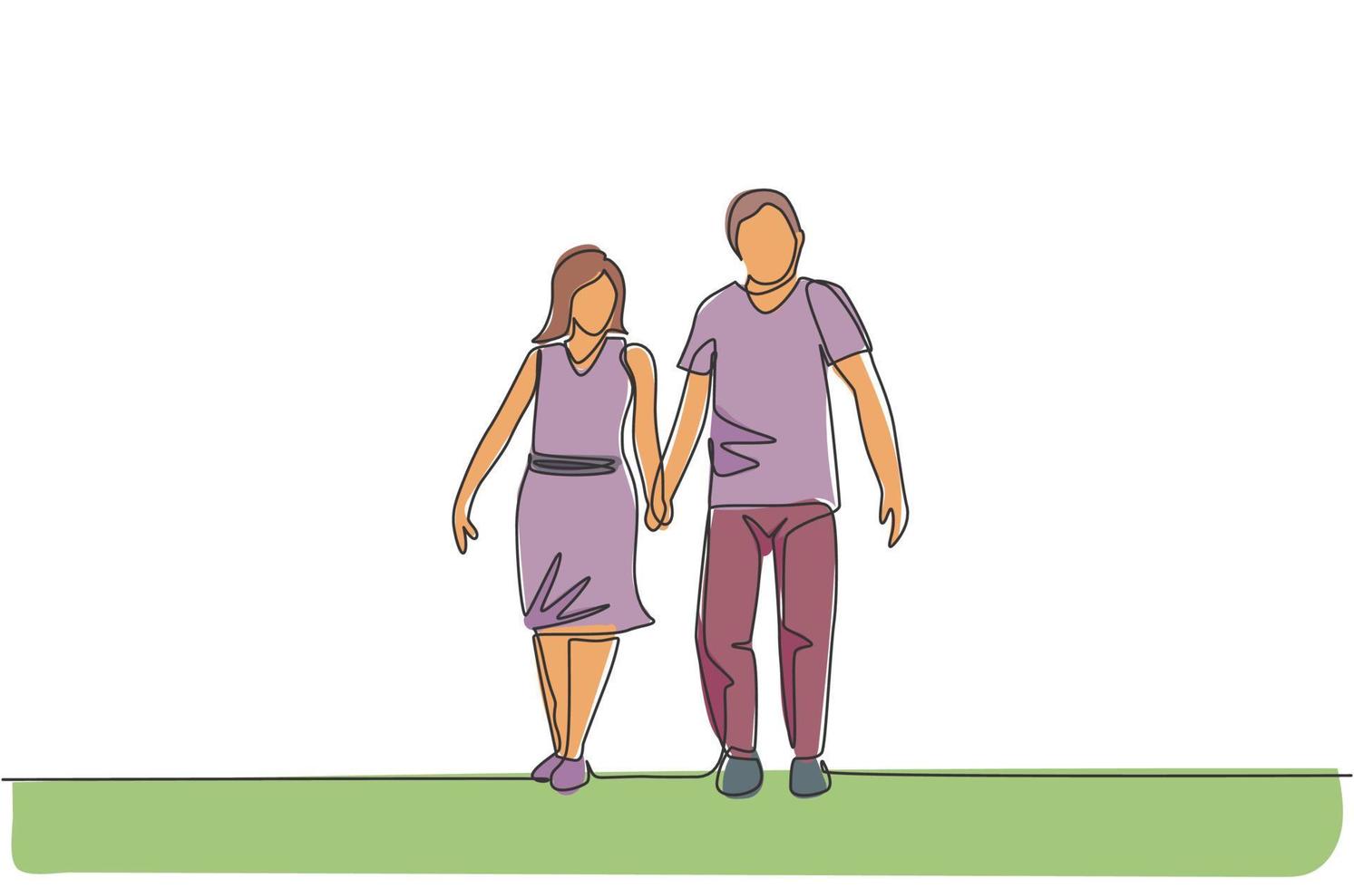 One continuous line drawing of young couple wife and husband walking and holding hand together at park. Happy family parenting concept. Dynamic single line draw design vector illustration