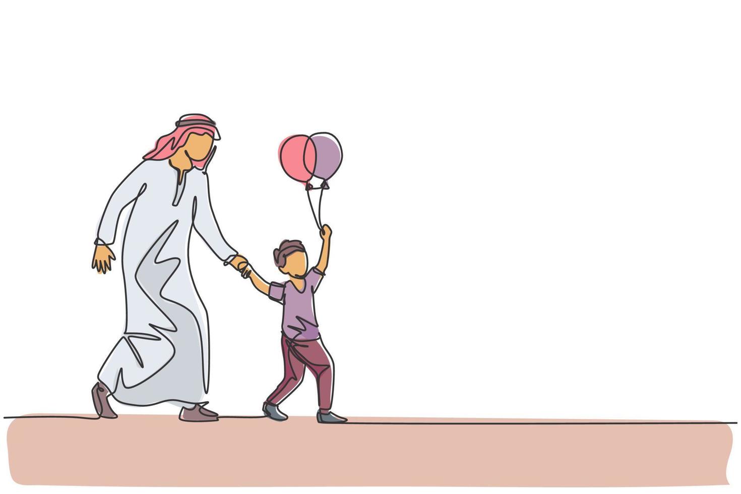 One single line drawing of young Islamic father accompany his son who hold balloon to play at amusement park vector illustration. Arabian muslim family parenting concept. Continuous line draw design