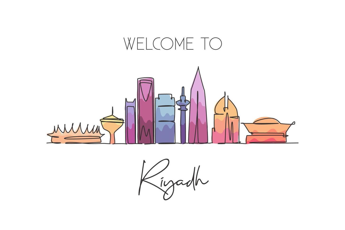 One continuous line drawing Riyadh city skyline, Saudi Arabia. Beautiful landmark postcard. World landscape tourism travel vacation. Editable stylish stroke single line draw design vector illustration