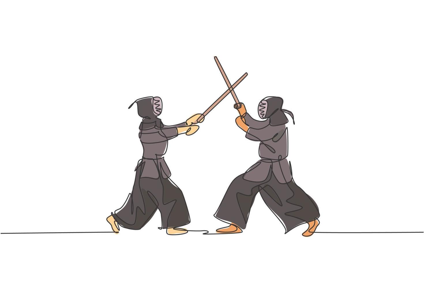 un dibujo de línea continua de dos jóvenes deportistas entrenando habilidades de lucha de repuesto de kendo en el centro de dojo. concepto de deporte de arte marcial saludable. Ilustración de vector gráfico de diseño de dibujo de línea única dinámica