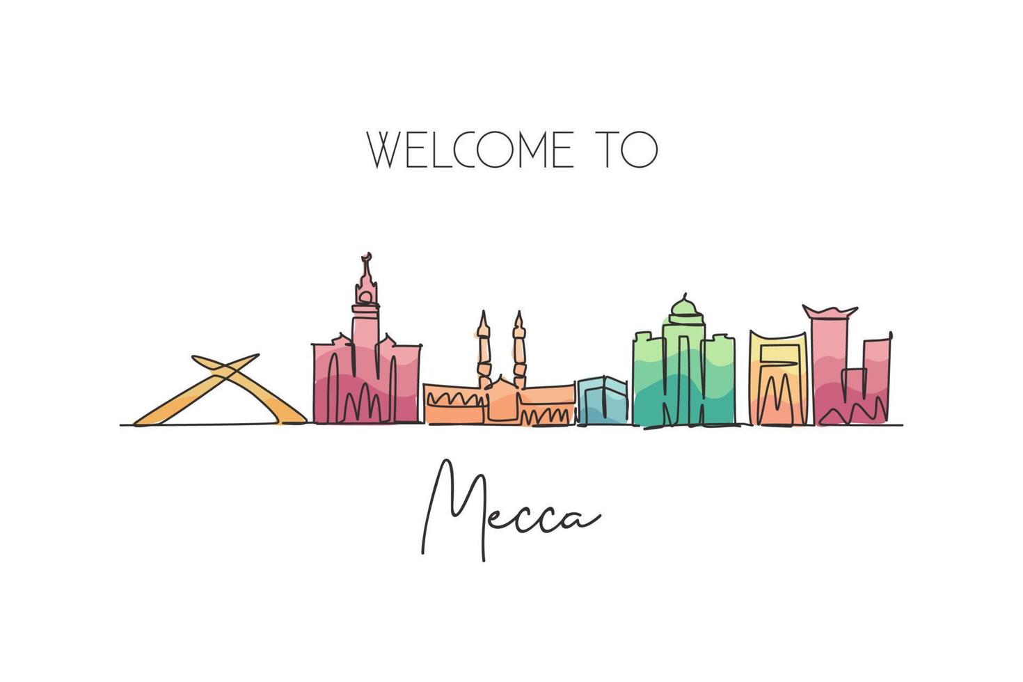 una línea continua dibujando el horizonte de la ciudad de la meca, arabia saudita. hermoso arte de impresión de postal histórica. vacaciones de viaje de turismo de paisaje mundial. Ilustración de vector de diseño de dibujo de una sola línea de trazo elegante