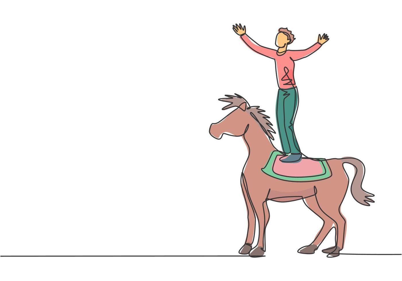 Single continuous line drawing a male acrobat performs a stunt on a circus horse by standing on the horse's back and raising his hands. Dynamic one line draw graphic design vector illustration.