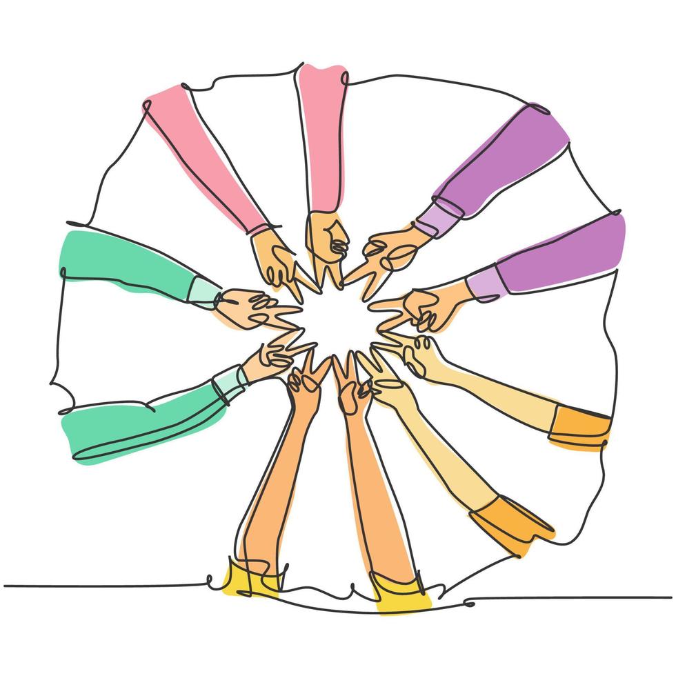 One line drawing of young happy people join their hands together to show teamwork and unity and create circle shape. Team building concept continuous line draw design graphic vector illustration