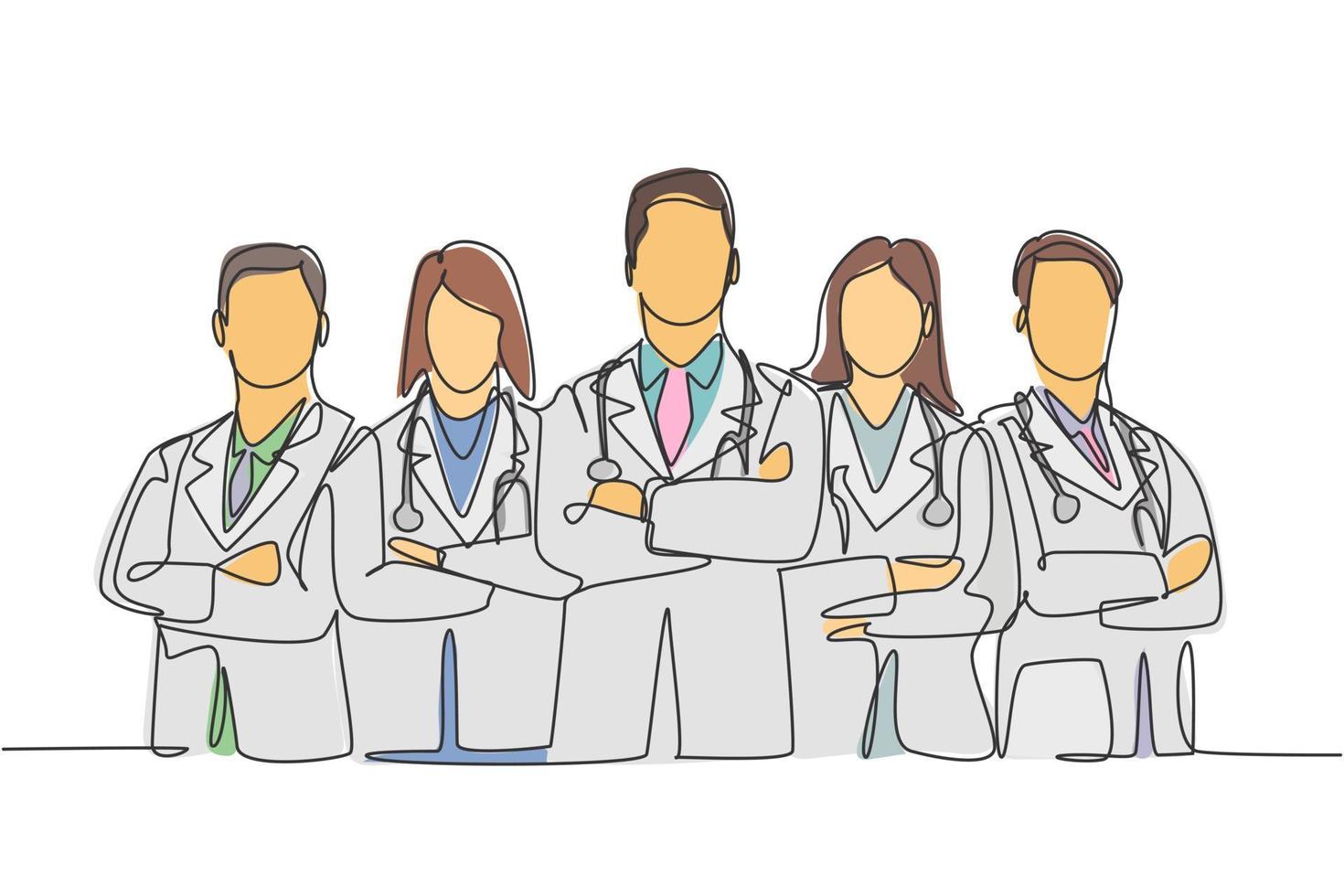 Single continuous single line drawing group of young promising doctor posing standing and cross hands on chest together at hospital. Medical teamwork concept one line draw design vector illustration