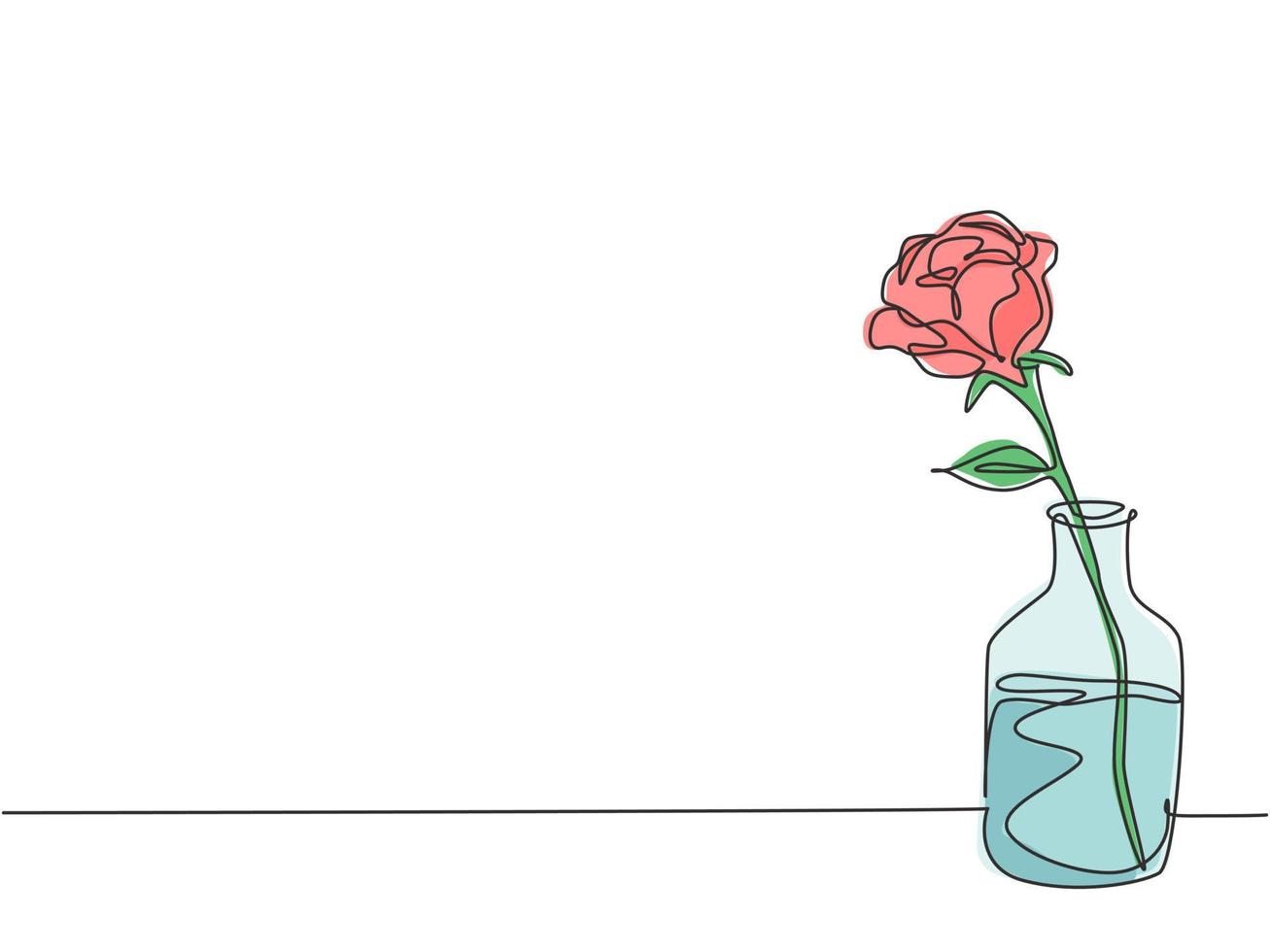 One single line drawing of beautiful fresh romantic rose flower on glass vase. Trendy greeting card, invitation, logo, banner, poster concept continuous line draw design graphic vector illustration