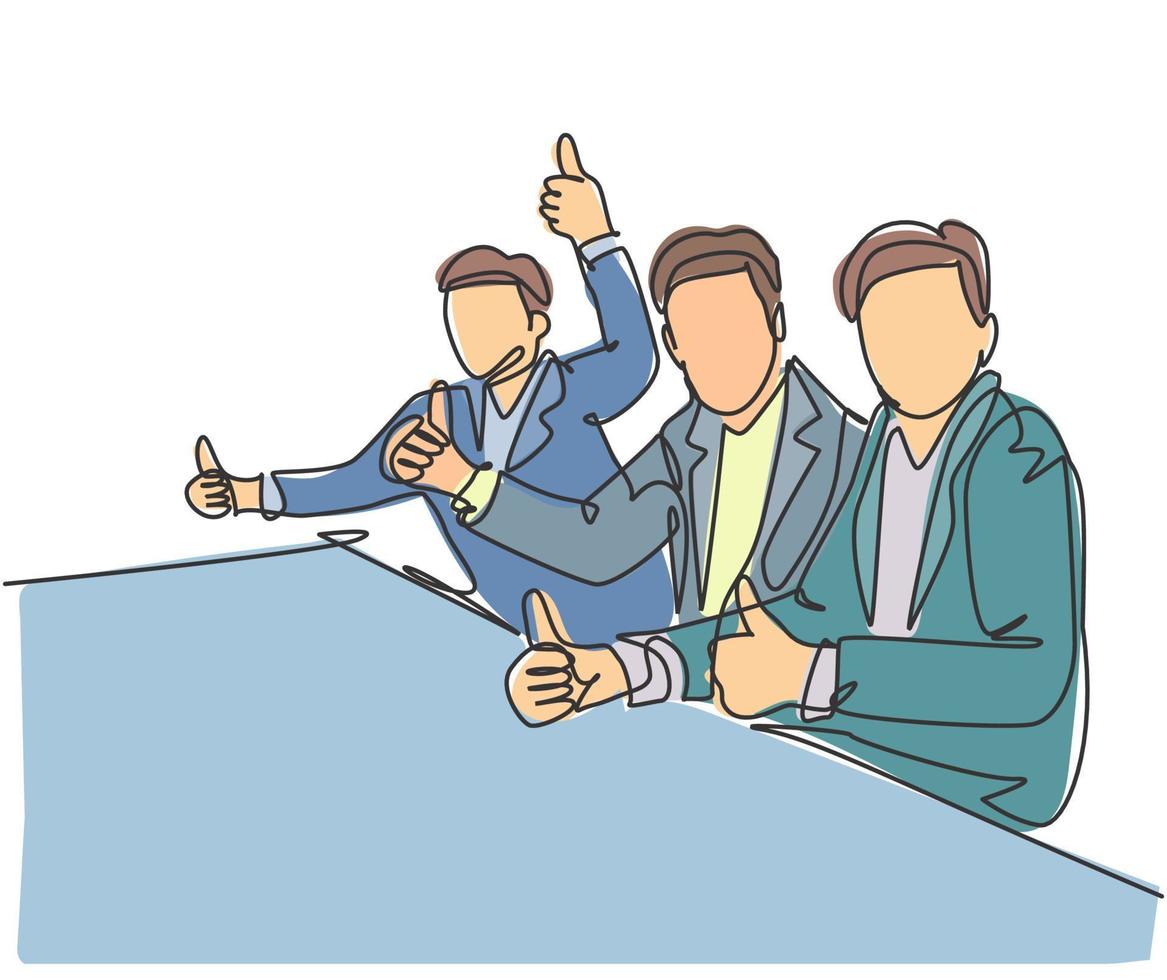 One line drawing of young happy businessman and businesswoman giving thumbs up gesture while business meeting. Great business teamwork concept. Continuous line draw design vector illustration