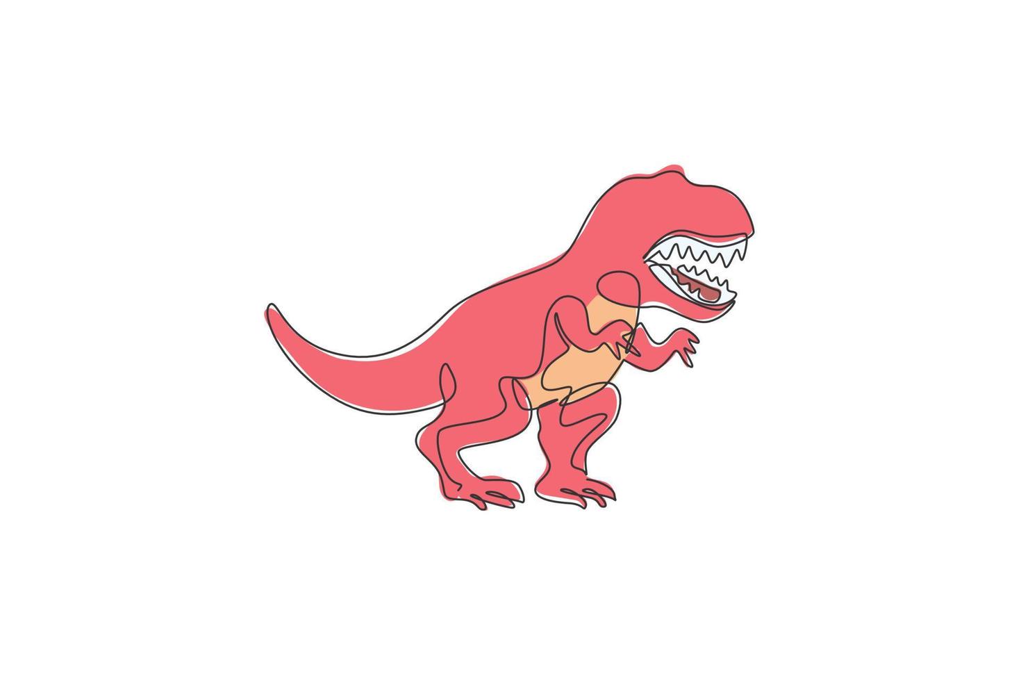 Single continuous line drawing of scary tyrannosaurus rex dinosaurs. Prehistoric museum logo concept. Trendy one line draw design graphic vector illustration