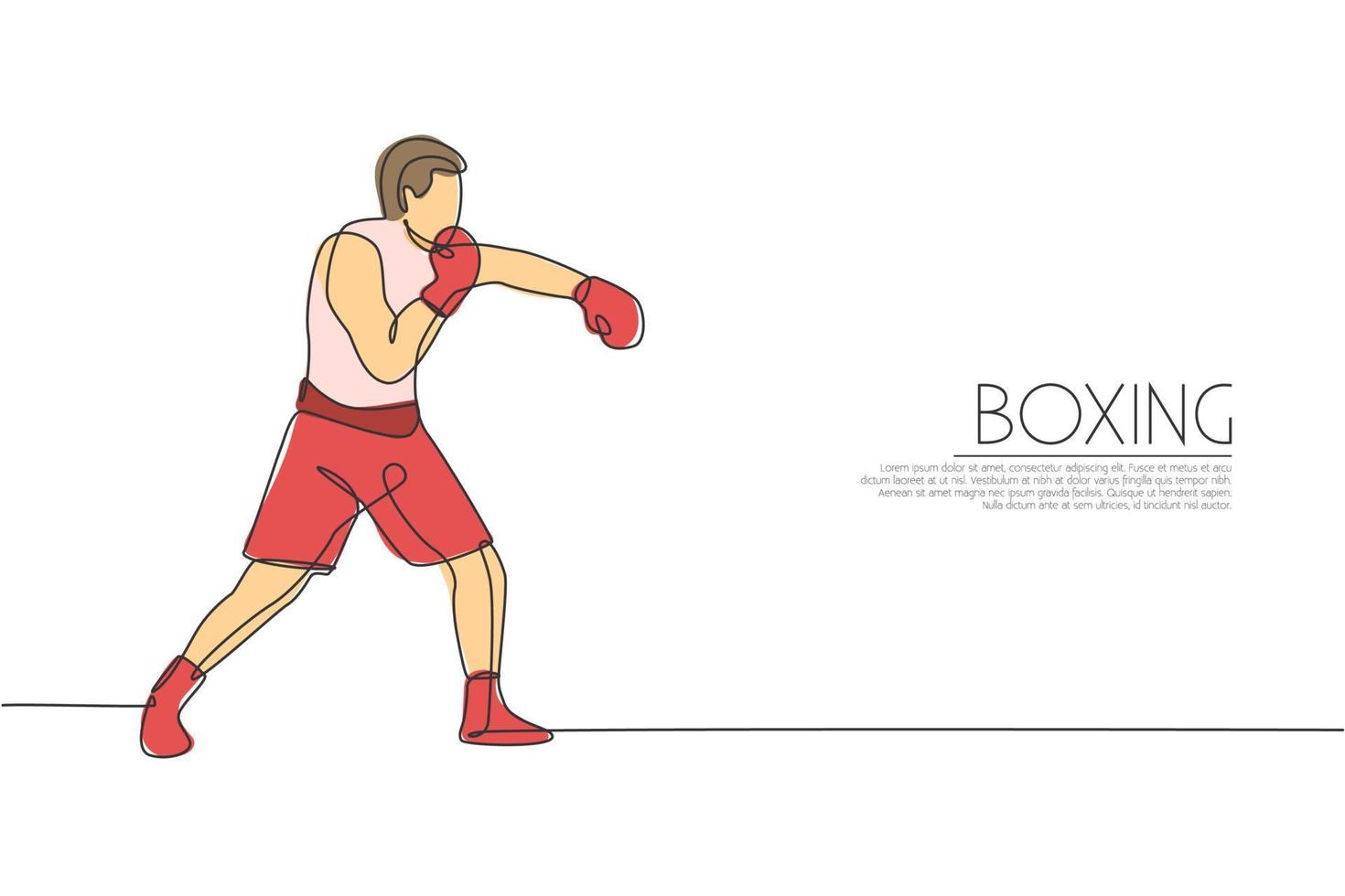 One single line drawing of young energetic man boxer improve his punch attack vector illustration. Sport combative training concept. Modern continuous line draw design for boxing championship banner