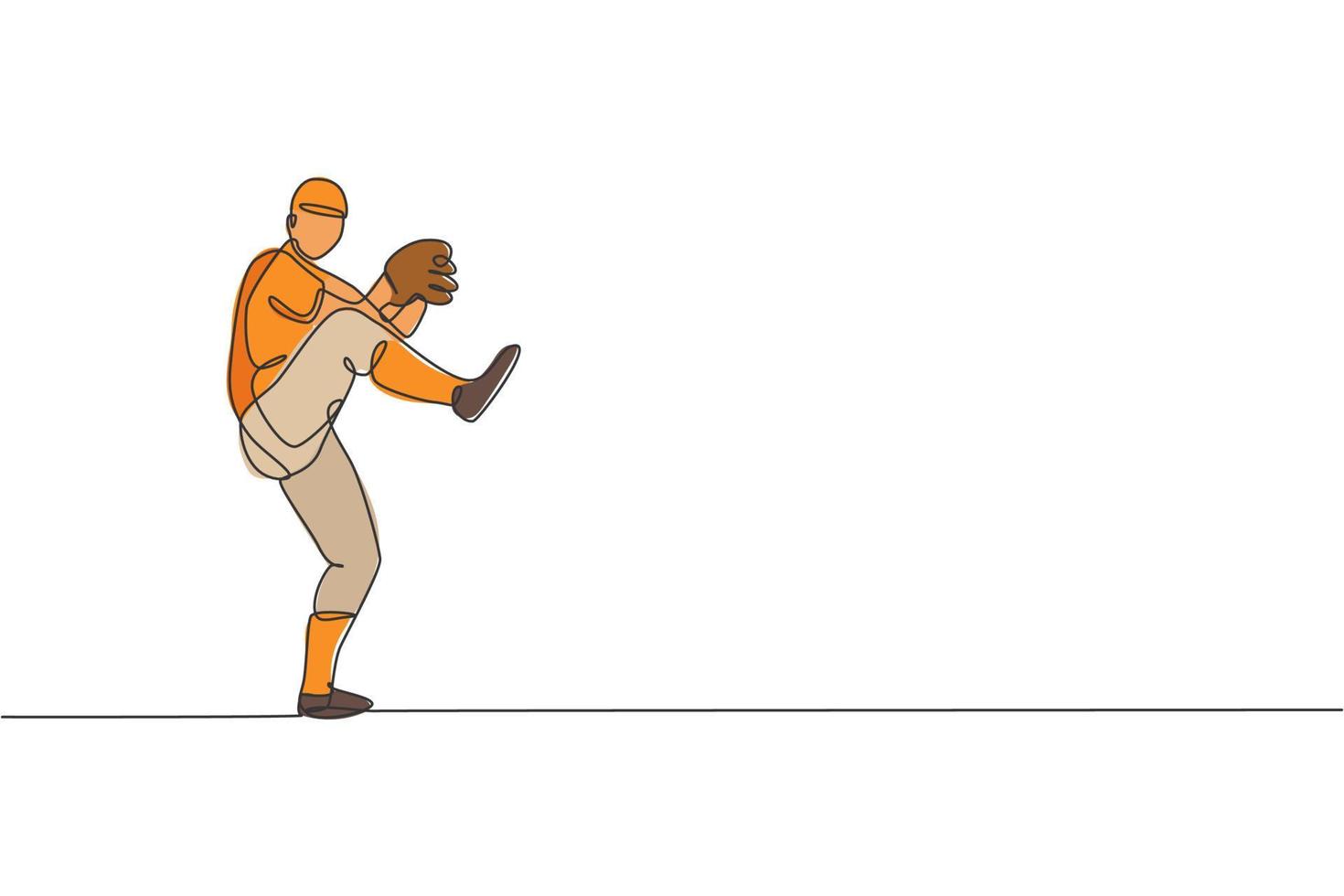un dibujo de una sola línea de la práctica de un joven jugador de béisbol enérgico para lanzar la ilustración vectorial de la pelota. concepto de entrenamiento deportivo. diseño moderno de dibujo de línea continua para la pancarta del torneo de béisbol vector