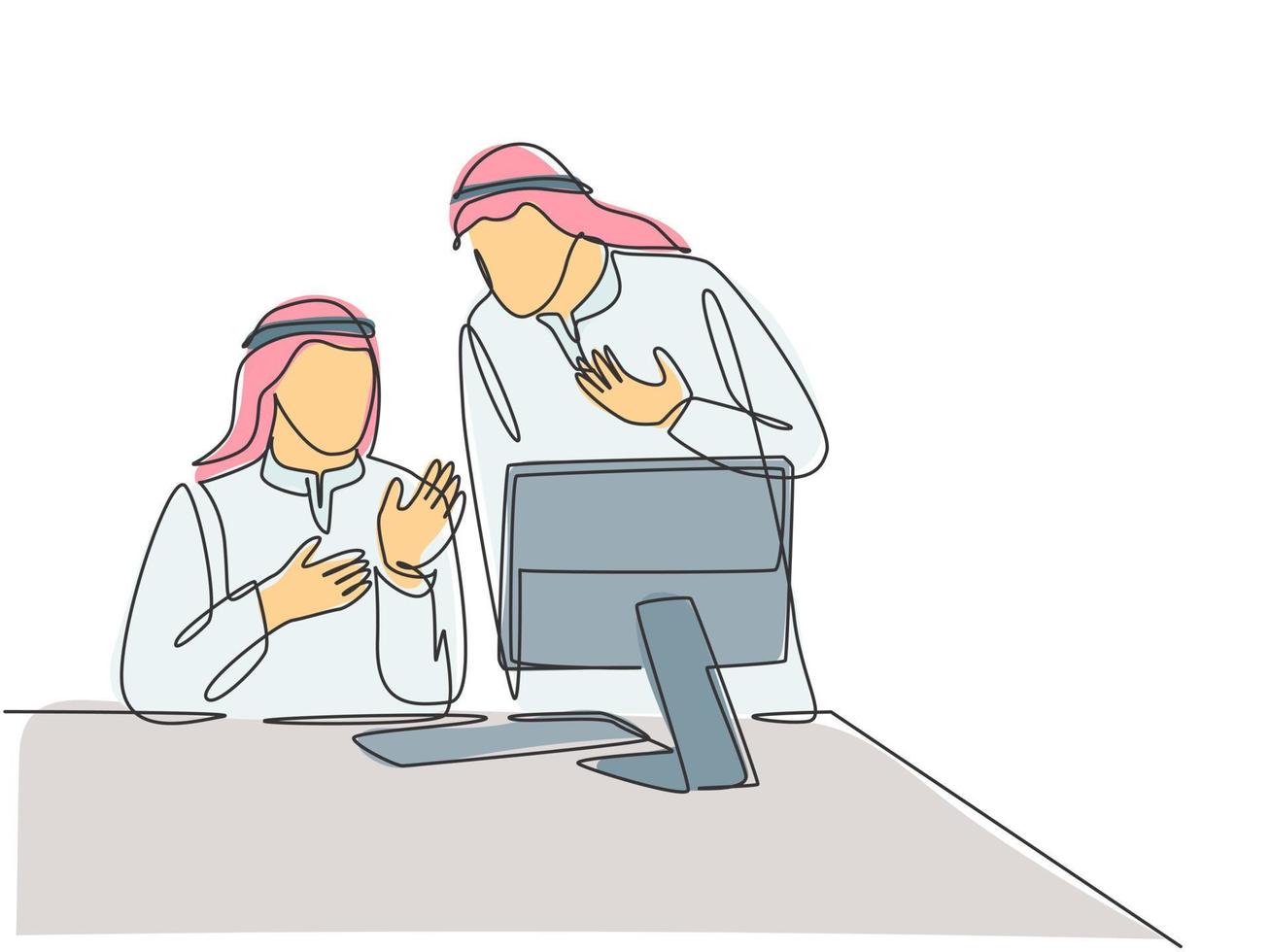 Single continuous line drawing of young muslim business men team members discussing company project plan. Arab middle east cloth shmagh, kandura, thawb, robe. One line draw design vector illustration